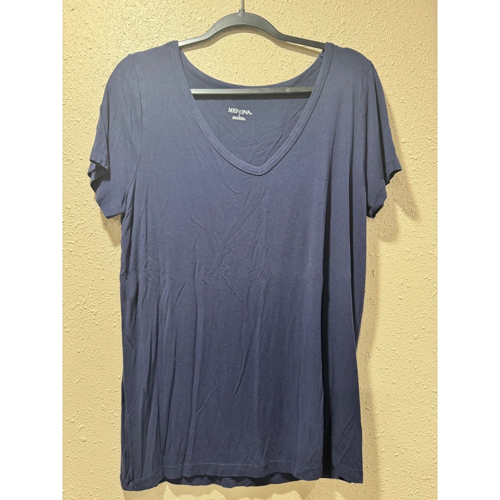 Merona Womens Navy Blue Short Sleeve V-Neck T-Shirt Size Large Basic Tee
